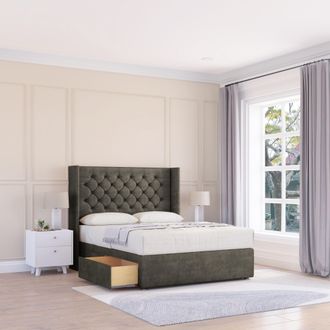 Sloomy Dior Dumfries Wingback Bed Set, 2 Drawers & 54 Floor Standing Headboard in Dark Grey | Size: Small Double