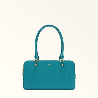 Furla Giulia Borsa Boston M Amatore Blue Blu Pelle Stampata + Camoscio Donna