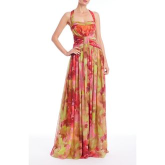 Badgley Mischka Pleated Floral Gown in Pink Multi at Nordstrom, Size 10