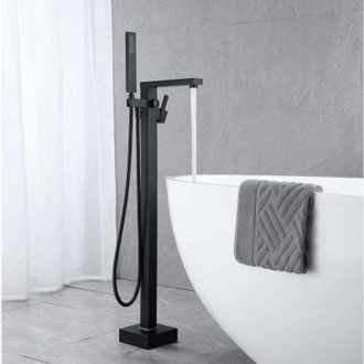 OEM Grifo Mezclador De Ba&ntilde;era Negro Para Montaje En Suelo - Cabezal De Ducha Tipo Cascada Giratorio De 360&deg; - Lat&oacute;n Resistente A La Corrosi&oacute;n - Caudal De 