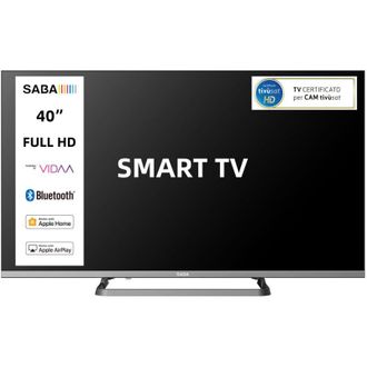 Saba SMART TV 40 pollici FULL HD, Sistema operativo VIDAA, Triplo ter DVBT2/C/S2 HEVC MAIN10, Certificato TivuSAT, Piedistallo centrale, Dolby Audio