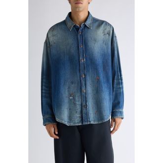 Acne Studios Setar Trafalgar Distressed Denim Button-Up Shirt in Mid Blue at Nordstrom, Size X-Large