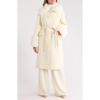 La Fiorentina Longline Wool Coat with Faux Fur Trim in Ivory at Nordstrom Rack, Size Small