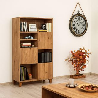 Dmora Librer&iacute;a Yasmin, Biblioteca 5 Estantes, 3 Puertas, Montaje En Pared, 80x36x155h Cm Roble Marr&oacute;n