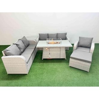 Fimous 8 Seater Poly Rattan Outdoor Garden Furniture Firepit Dining Table Sofa Set Patio 3 Seater Sofa Reclining Chair 3 Seater Sofa Big Footstool 2 Side