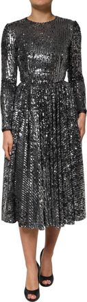 Dolce & Gabbana Womens Black Sequined Long Sleeves Midi A-Line Dress Polyester