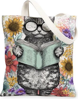 Generic Floral Cat Canvas Tote Bags, Cute Animal Pattern Reusable Grocery Bags, Spring Fanciful Retro Lightweight Washable Shoulder, Multicolor, 13x15 Inch