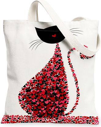 Generic Heart Cat Canvas Tote Bags, Cute Love Pattern Reusable Shopping Bags, Spring Fanciful Lightweight Washable Shoulder Strap C, White, 13x15 Inch