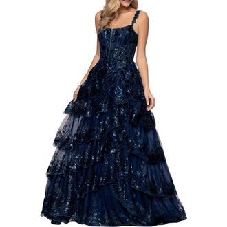 Blondie Nites Sequin Tiered Ruffle Ballgown in Navy at Nordstrom, Size 3