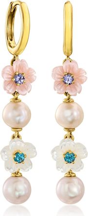 Ross-Simons Multicolored Mother-Of-Pearl, 6-6.5mm Cultured Pearl and. Multi-Gemstone Flower Drop Earrings in 18kt Gold Over Sterling Silver