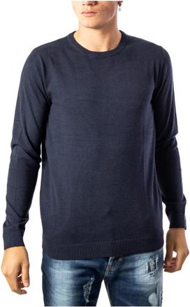 Jack & Jones Blauwe Effen Gebreide Trui Lange Mouwen Katoen - Heren - Ronde hals truien - Blauw - S - Katoen - Truien & Vesten