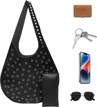 Generic Sling Bag - Rivet Shoulder Bag for Women, Faux Leather, Hollow Design, Adjustable Strap, Rivet Embellishments, Lightweight Construction, Fashionable S