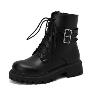 Generic Womens Winter Combat Boots Lace Up Buckle Straps Comfort Round Toe Chunky Heels Platform Gothic Punk Shoes with Zip (Black,5.5)