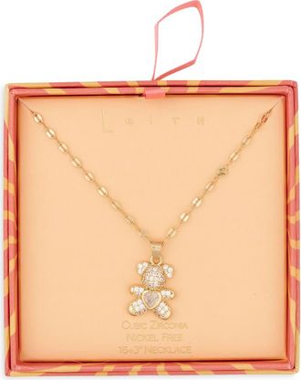 Leith Pav&eacute; Cubic Zirconia Teddy Bear Pendant Necklace in Clear- Gold at Nordstrom Rack