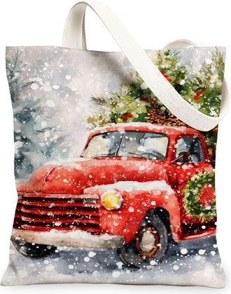 Generic Christmas Vintage Truck Canvas Tote Bags, Festive Red Vehicle Design Reusable Bags, Winter Rustic Lightweight Washable Tote, Red, 13x15 Inch
