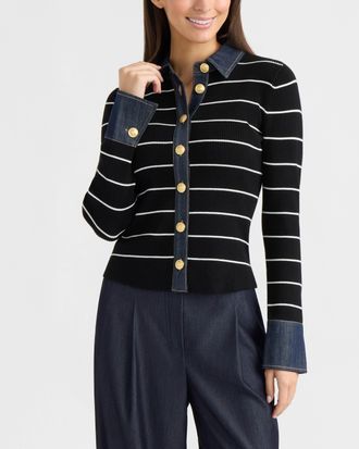 Ellen Tracy Womens Button Front Sweater with Denim Trims