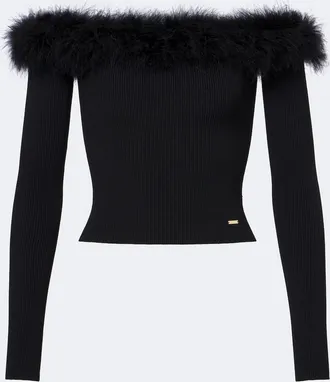 Gucci Feather-trimmed ribbed-knit top