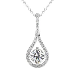 Pompeii3 1 1/10Ct TW Diamond Halo Drop Pendant 14k Gold Necklace Lab Grown 1 Tall