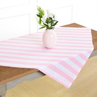 Solino Home Linen Table Throw 52 x 52 Inch for Dining Table, Holiday and Everyday Table Decor - Cabana Stripe in Cherry Blossom And White at