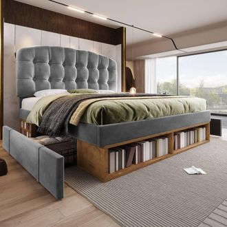 Matteo Upholstered King Bed - Grey Velvet with Storage & Adjustable Headboard