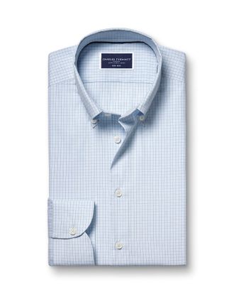 CHARLES TYRWHITT Non-Iron Oxford Fine Checkered Cotton Formal Shirt - Light Blue Single Cuff Size 17/35 by Charles Tyrwhitt