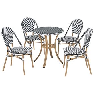 Beliani Conjunto De Comedor De Jard&iacute;n 4 Plazas Tablero De Rat&aacute;n Pe Blanco Y Negro Mesa &Oslash; 70 Y 4 Sillas Apilables De Aluminio Rifreddo