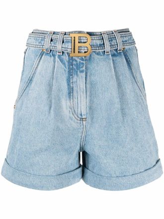 Balmain belted high-waist shorts - women - Cotton/Organic Cotton - 38 - Blue