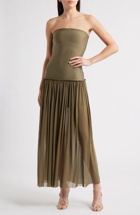 Rare London Strapless Drop Waist Mixed Media Cocktail Dress in Olive at Nordstrom, Size X-Large