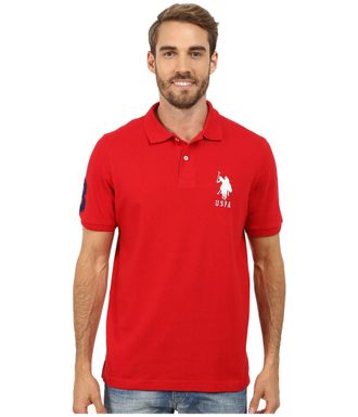 U.S.Polo Association Mens Solid Pique Polo Shirt, Engine Red/White, L