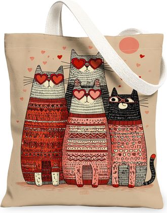 Generic Cute Cat Canvas Tote Bags, Adorable Feline Heart Pattern Reusable Shopping Bags, ValentineS Day Lightweight Washable Shoul, Beige, 13x15 Inch