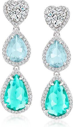Ross-Simons Italian CZ Heart Drop Earrings With Simulated Green Tourmalines and Simulated Aquamarines in Sterling Silver
