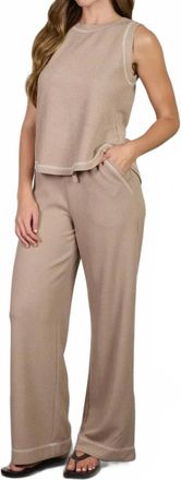 Blu Pepper Back Button Detail Sleeveless Ribbed Top And Drawstring Lounge Set In Mocha