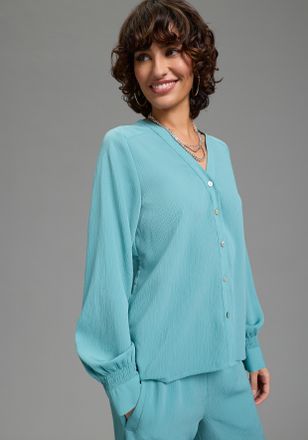 Laura Scott Langarmbluse LAURA SCOTT, Damen, Gr. 34, blaugr&uuml;n, Web, Obermaterial: 100% Polyester, unifarben, figurumspielend h&uuml;ftbedeckend, V-Ausschnitt, 1-Knopf-