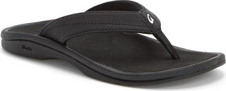 Olukai Ohana Flip Flop in Black/Black Faux Leather at Nordstrom, Size 10