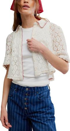 Free People Mannie Floral Lace Button-Up Crop Shirt in Whisper White at Nordstrom, Size X-Large
