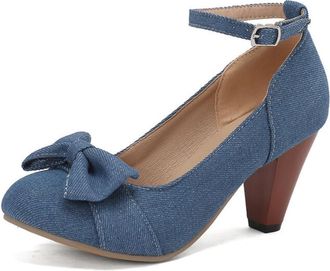Generic Women Denim Pumps Round Toe Pointed Heel Bow Decor Ankle Strap Buckle Non Slip Durable Comfortable Dress Party Office Shoes,Blue,10.5 UK