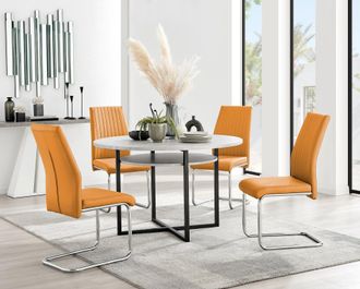 Furniturebox Adley Grey Concrete Effect Round Dining Table & 4 Lorenzo Faux Leather Chairs in Mustard