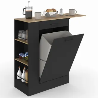 IDMarket Credenza Da Cucina Compatta Tibo 90 Cm Con Cestino, Ripiano Ribaltabile, 1 Cassetto E 3 Ripiani Laterali In Legno E Nero