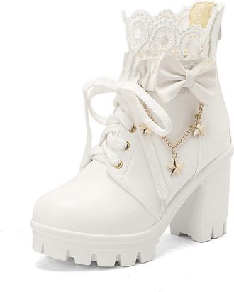 Generic Womens Lace-Up Chunky Heel Ankle Boots with Bow Detail,Lolita Style,White,6.5 UK