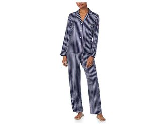 Lauren Ralph Lauren Long Sleeve Notch Collar Sateen PJ Set Womens Pajama Sets Navy Stripe : MD (US 8-10), Cotton/Viscose