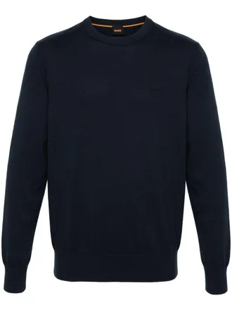 BOSS logo-embroidered ribbed jumper - men - Cotton/Kapok - M - Blue