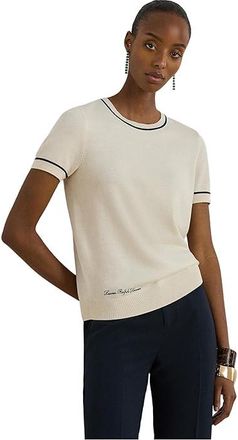 Lauren Ralph Lauren Two-Tone Short-Sleeve Sweater Womens Sweater Mascarpone Cream/Refined Navy : SM, Cotton/Linen/Modal