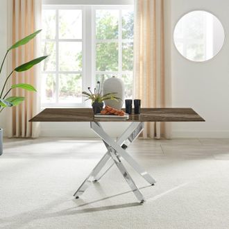 Furniturebox Leonardo 6-Seater Dining Table With Marble Effect Glass Top & Silver Metal Legs in Dark Brown