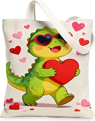 Generic Cute Dinosaur Canvas Tote Bags, Playful Hearts Pattern Reusable Grocery Bags, Lightweight Washable Shoulder Strap Canvas Fo, White, 13x15 Inch