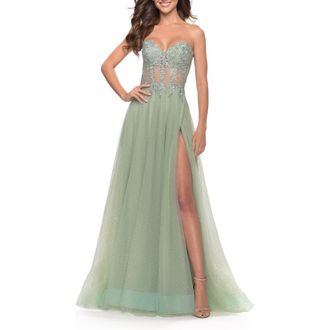 La Femme Rhinestone Tulle Gown with Sheer Lace Bodice in Sage at Nordstrom, Size 12