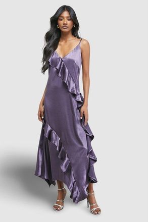 Warehouse Metallic Satin Ruffle Midi Slip Dress in Mauve at Nordstrom, Size 10