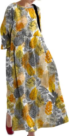 Generic Womens Boho Maxi Dress,Leaves Print 3/4 Sleeve Flowy Maxi Swing Dress - Oversized Sundress with Pocket Yellow Leaves 5XL