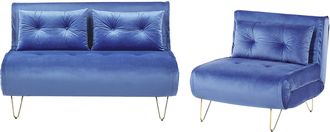 Beliani Conjunto De Sala De Estar 3 Plazas De Terciopelo Azul Marino Dorado Cojines Vestfold