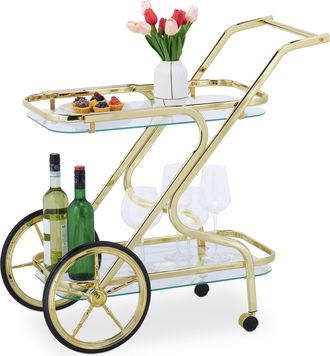 Relaxdays Relaxdays Carrito De Cocina, Camarera Servicio, 2 Baldas Y 4 Ruedas, Hierro Y Cristal, 80x43x85 Cm, Bar Y Sal&oacute;n, Lat&oacute;n