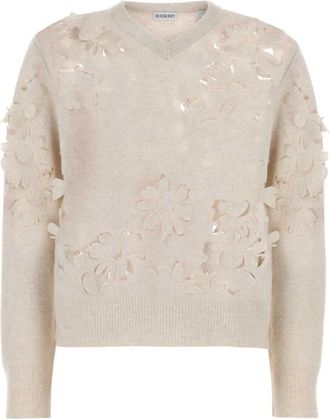 Burberry Zandkleurige Wollen Trui - Dames - V-hals truien - Beige - S - Wol - Truien & Vesten